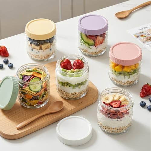 8 pack 16 oz Overnight Oats Containers with Lids, Glass Food Storage Container, Salad Jars, Mason Jars for Overnight Oats, Yogurt, Oatmeal, Salad, Coffee, Spices