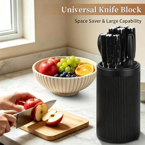 Universal Knife Block Without Knives,Round Knife Holder with Slots for Scissors & Sharpening Rod,Modern Sandstone Look Knife Organizer,Safe Space Saver Knife Storage Stand for Kitchen - Matte Black