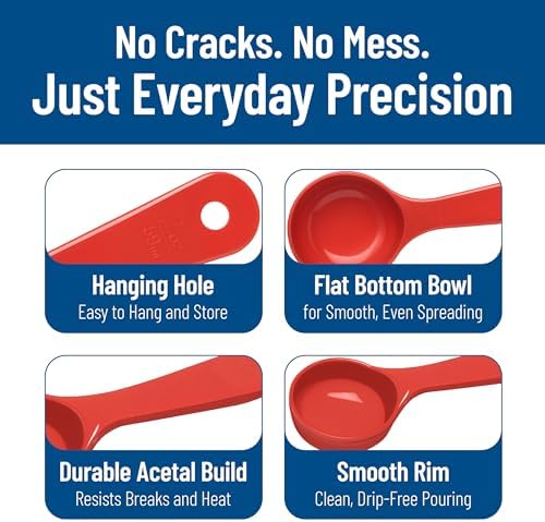 Carlisle FoodService Products 7.10 " 2 Ounce Solid Measuring Spoon – Flat Bottom – Portion Control Spoon – Short Handle Spoon, Red, (Pack of 12)
