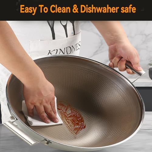 Titanium Hammered Wok with Double Handles, 2026 New Frying Pans Nonstick, Non-Stick Wok, Scratch-Resistant Non Stick Titanium Pans for Cooking,With lid,15.74in