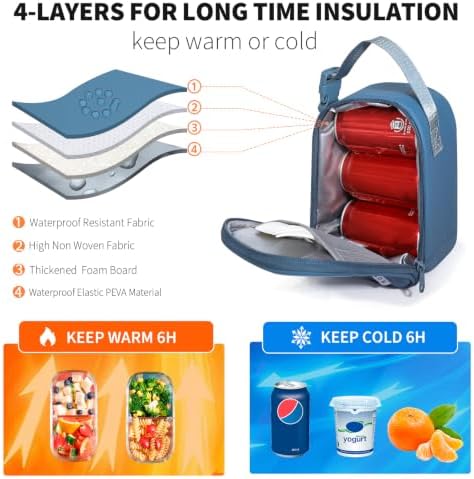 NOL Small Insulated Snack Bag Mini Freezable Cooler Pouch 3L fit 3 Cans | Wide-Mouth 6hours Cool & Warm Lightweight Leakproof Nylon Box for Work Travel (Dusty blue)