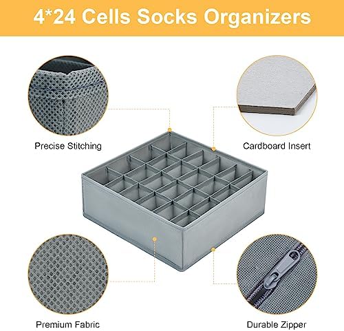 Joyoldelf Sock Drawer Organizer Divider Underwear Organizer 24-cell Fabric Dresser Drawer Organizers Storage Boxes for Socks Lingerie, Handkerchiefs, Ties 4 Pack (Grey)