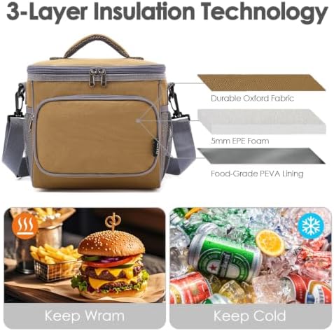 FlowFly Insulated Reusable Lunch Bag Adult Large Lunch Box for Women and Men with Adjustable Shoulder Strap,Front Zipper Pocket and Dual Large Mesh Side Pockets,Brown