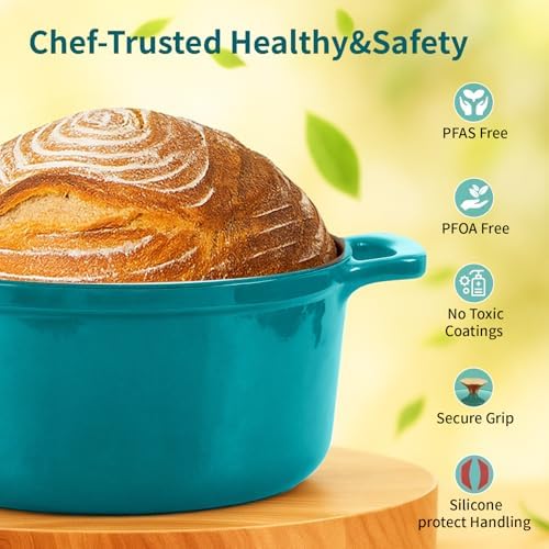 Enameled Cast Iron Dutch Oven with Lid&Silicone Grip, Round Casserole Pot for Bread Baking, Braising, Roasting,Stews,Heavy-Duty Baking Pan,Oven Safe, Induction Compatible (4.7QT,Lagoon)