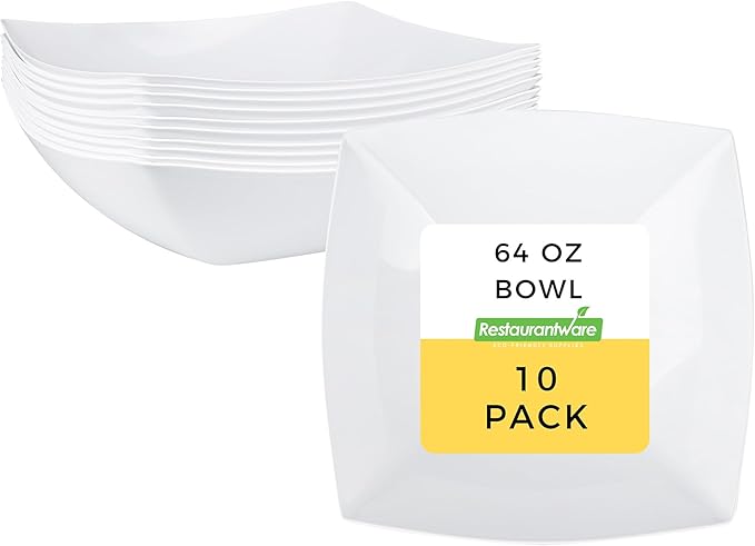 Restaurantware Moderna 64 Ounce Fancy Plastic Bowls 10 Square Disposable Salad Bowls - Durable Heavy-duty White Plastic Bowls For Warm And Cold Foods