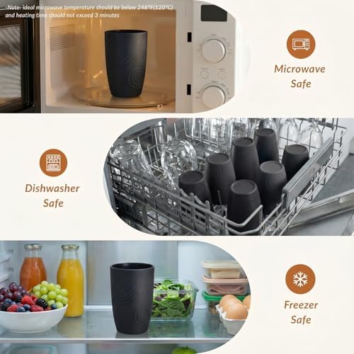 Homienly Wheat Straw Drinkware 12oz Unbreakable Drinking Glasses 6-Piece Stackable Kithen Cups Dishwasher and Microwave Safe Cups for Everyday Family Meals, Entertaining-Black