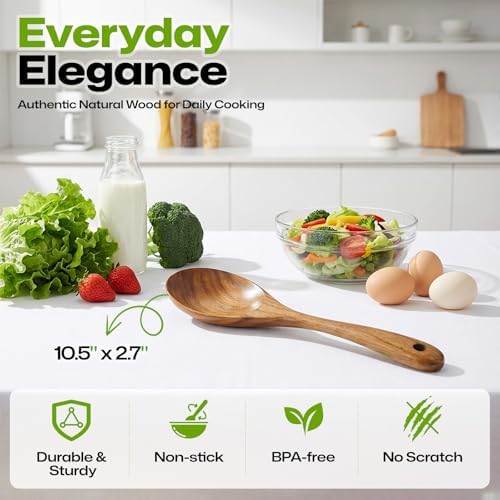 AIUHI Teak Wooden Salad Spoon, Durable Wooden Serving Spoon, Nonstick-Safe Wooden Utensil for Mixing, Frying & Serving