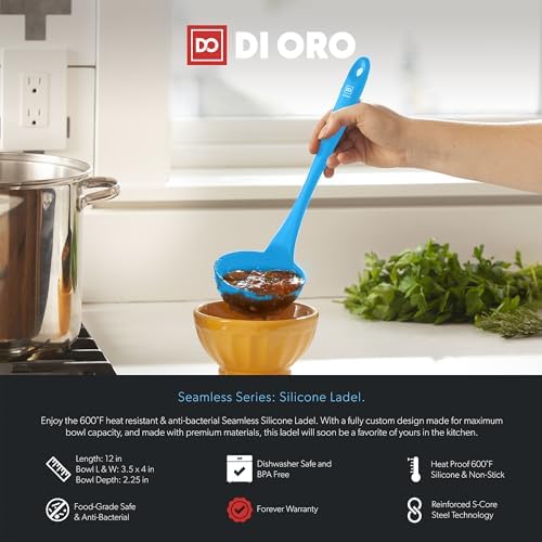 DI ORO Silicone Ladle - Soup & Serving, 600F Heat Resistant, Blue