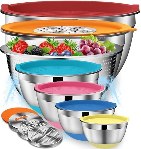 DUTZUN Mixing Bowls with Lids Set - 16pcs Stainless Steel Mixing Bowl Set with Colander, 3 Grater Attachments, Non-Slip Bottom, Metal Nesting Bowls with Strainer for Mixing & Serving - Multicolor