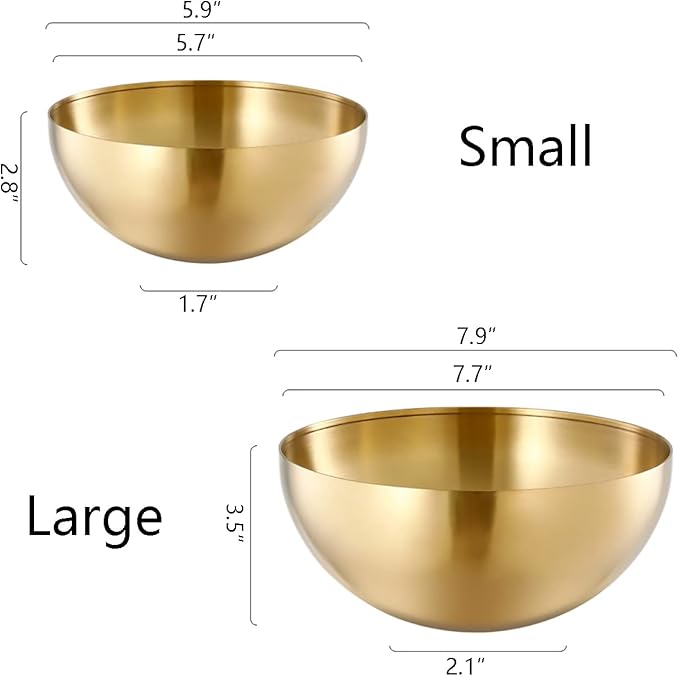 Stainless Steel Salad and Mixing Bowls Set of 2 - Nesting, Snacks, Serving for Cooking, Baking, Prepping - Small & Large 5.9 & 7.9 Inch (Gold)