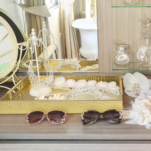 ATZYmolin 17"x12" Leather Serving Tray, Gold Handle Vanity Platter, Gold