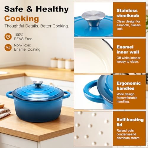 4-QT Enameled Cast Iron Round Dutch Oven With Lid,Oven safe,Blue