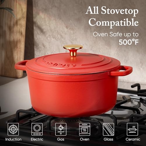 CAROTE Enameled Cast Iron Dutch Oven Pot with Lid, 4QT Red