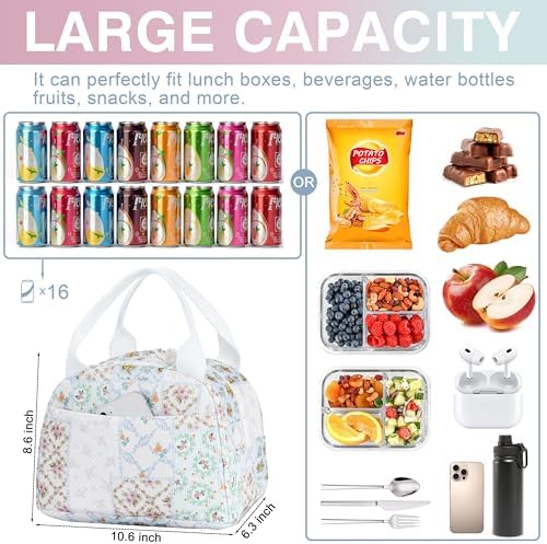 TESAFNG Lunch Bag - Insulated Lunch Box for Women, Reusable Large Capacity Cooler Bag for Adult, Small Leakproof Cute Corduroy Lunch Tote for Work Office Travel Picnic (Bee Floral)