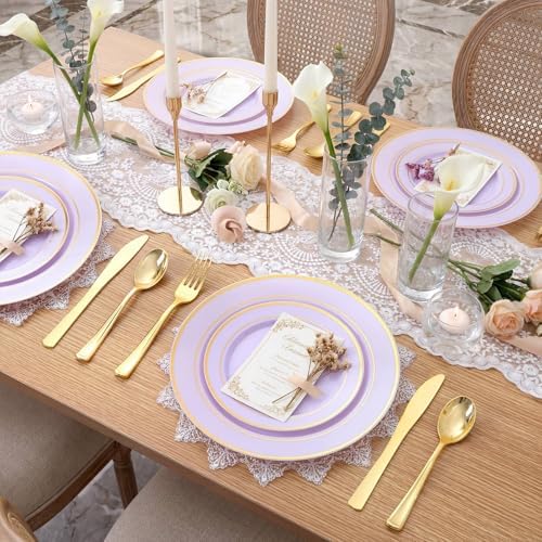 WDF Partyware 350PCS Purple Plates Disposable - Purple Plastic Plates 50Guests Lavender Disposable Dinnerware Sets with Rolled Napkins for Wedding/Birthday/Baby Shower/Bridal Shower