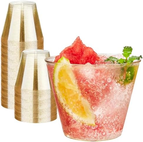 RACETOP 100 Pack 9 oz Gold Glitter Plastic Cups Tumbler