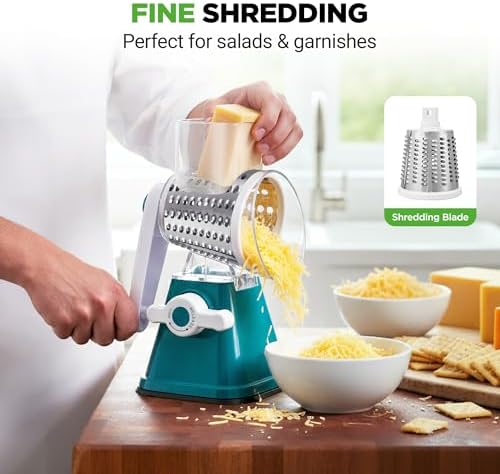 NutriChef 3 in 1 Cheese Grater & Shredder | Strong Suction Base, Rotary Handle with Safety Lock | Includes Hand Crank & 3 Drum Blades for 3 Textures, Fine, Medium & Strips | Green