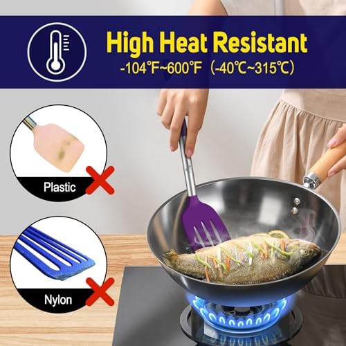 HOTEC Silicone Spatula Set of 2 Heat-Resistant 600°F & BPA-Free Kitchen SaptulaTurner with Stainless Steel Handles, Slotted & Solid Spatulas for Nonstick Cookware, 13.7 Inch, Purple