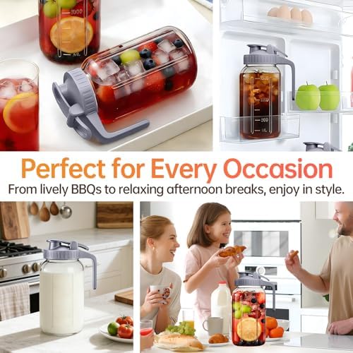 64oz Glass Pitcher with Lid & Spout – 2 Quart Mason Jars, Airtight & Leakproof Breastmilk Pitcher for Cold Brew Coffee, Sun Tea, Water, Juice – Wide Mouth, Fridge Safe