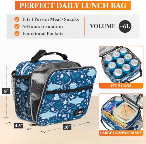 opux Insulated Lunch Bag for Kids, Reusable Lunch Box for School, Shark