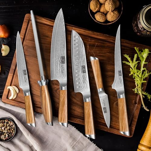 HOSHANHO Damascus Knife Block Set 7PCS, Sharp Kitchen Knives with Sharpener