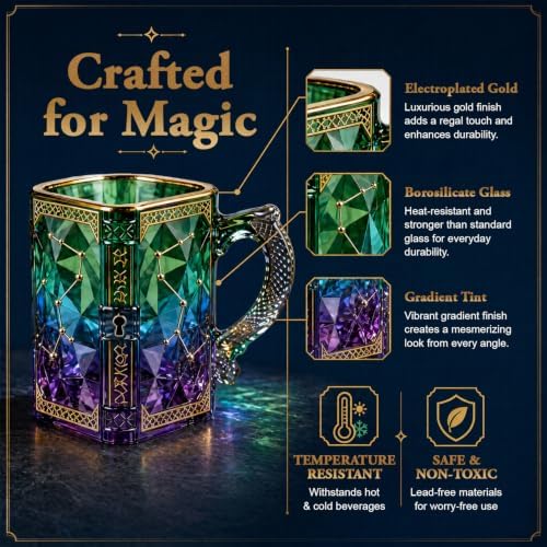 FACE N FACE Zodiac Glass Mug, 8 oz Celestial Constellation Coffee & Tea Cup with Dragon Scale Handle, Green Purple Astrology Mug, Witchy Magic Cup for Halloween Christmas Gift