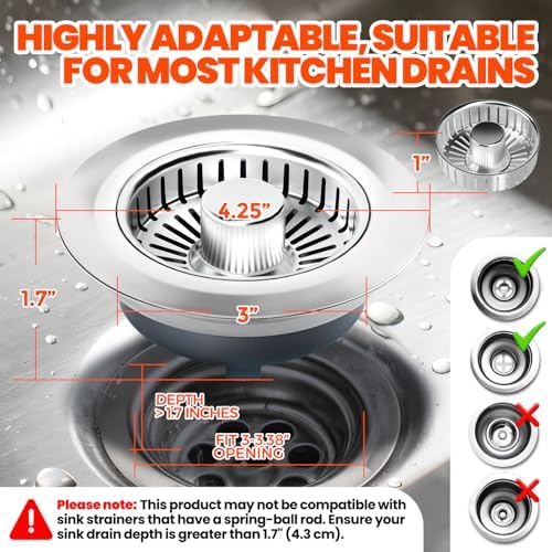 3 in 1 Kitchen Sink Drain Strainer and Stopper Brushed Silver