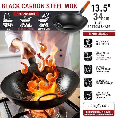 YOSUKATA Carbon Steel Wok Pan 13,5 “ + Lid 12.8 In for 13.5-In Wok + 17’’ Spatula and Ladle