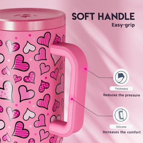 Meoky 40 oz Tumbler with Handle and Straw: Stainless Steel Insulated Tumbler with Lid and Straw - 100% Leak Proof Tumbler for Car Cup Holders - Travelers Commuters Workers, Blush Heart