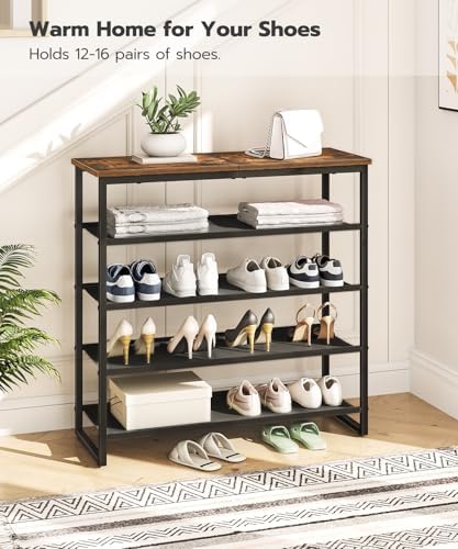 HOOBRO Shoe Rack, 5 Tier Shoe Storage Organizer with 4 Oxford Fabric Shelves and Top Panel, Holds 16-20 Pairs of Shoes, for Entryway and Closet, Industrial, Rustic Brown BF50XJ01