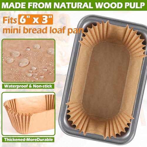 Webake 100Pcs Unbleached Parchment Paper Mini Loaf Pan Liners for 6x3 Small Banana Bread Pan, Ready-to-Use, Non Toxic Baking Papers