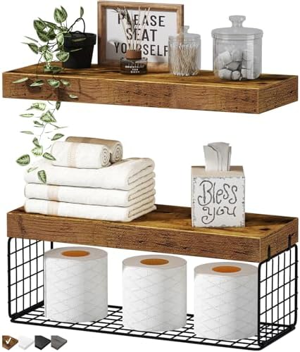 QEEIG Bathroom Shelves Over Toilet Wall Mounted (Brown, Set of 2, 15.7")