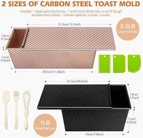 3Pack Pullman Loaf Pans with Lids – 2.2 LB & 1 LB & 1 LB Dough Capacity, Non-Stick Carbon Steel Bread Pans for Homemade Sandwich and Sourdough Bread, Corrugated Toast Mold