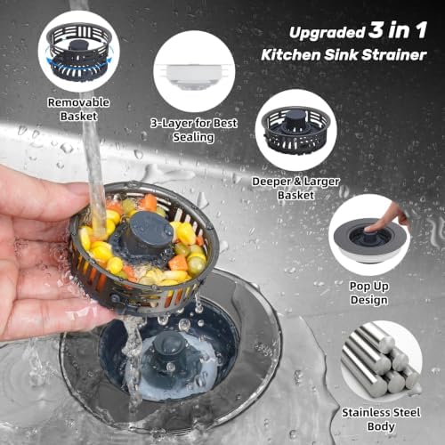 Hibbent 3 in 1 Kitchen Sink Drain Strainer, Metal Pop Up Stopper