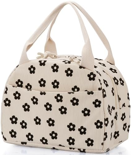 TESAFNG Lunch Bag - Insulated Lunch Box for Women, Reusable Large Capacity Cooler Bag for Adult, Small Leakproof Cute Corduroy Lunch Tote for Work Office Travel Picnic (Corduroy Black-Flower)