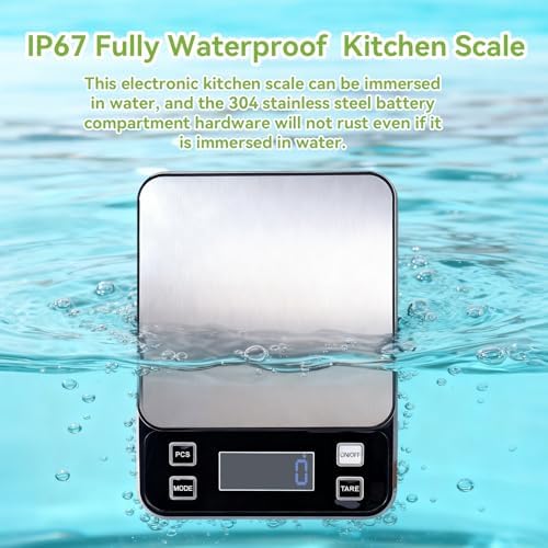 IP67 Waterproof Kitchen Scale, 5kg/11lb Capacity 0.1g Precision, Kitchen Scales Digital Weight Grams and Ounces,Battery Powered with 5 Units Conversion - Food Scales for Kitchen Essentials