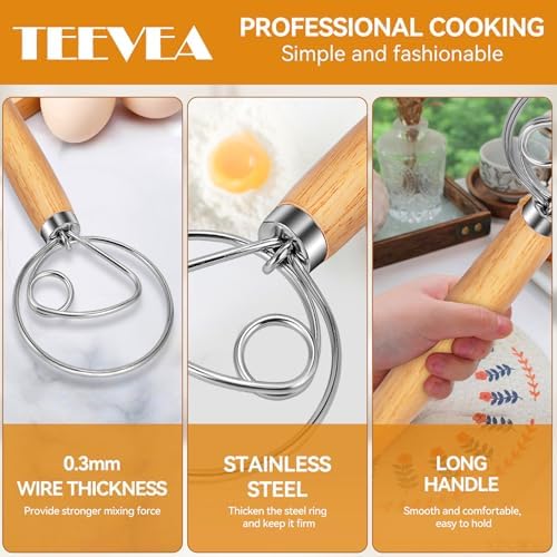 TEEVEA Danish Dough Whisk Wooden Handle Stainless Steel for Sourdough Bread