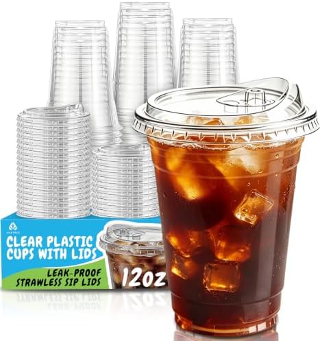 110 Pack 12 oz Disposable Clear Plastic Iced Coffee Cups with Lids