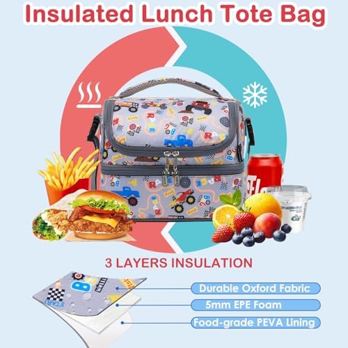 FlowFly Double Decker Cooler Insulated Lunch Bag Large Tote for Boys, Girls, Men, Women, With Adjustable Strap (Truck)
