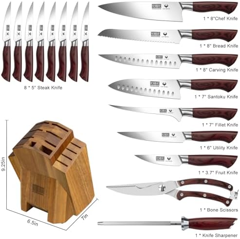 HOSHANHO 18PCS Kitchen Knife Block Set, Sharp Chef Knives with Sharpener