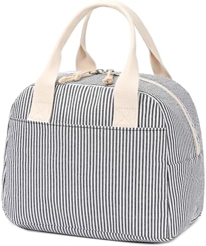LOVELYWIND Lunch Box for Women, Insulated Lunch Bag, Black Stripe Tote