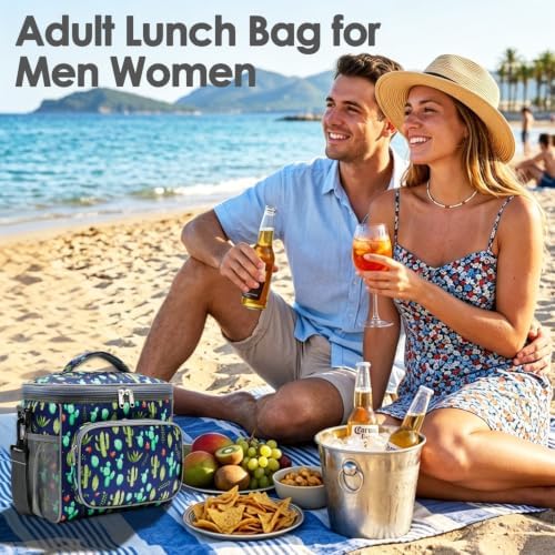 FlowFly Insulated Reusable Lunch Bag Adult Large Lunch Box for Women and Men with Adjustable Shoulder Strap,Front Zipper Pocket and Dual Large Mesh Side Pockets,Cactus