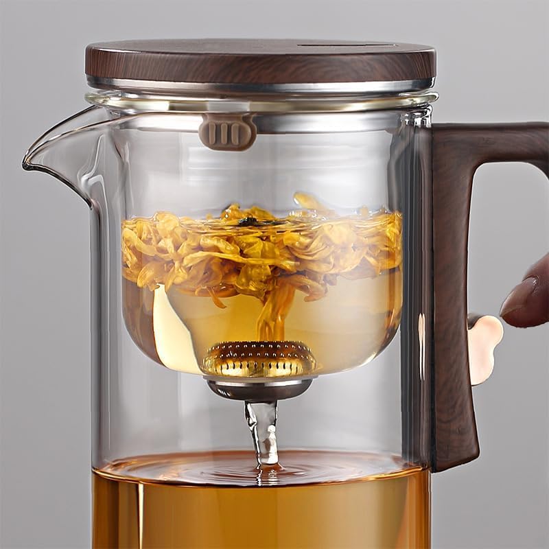 Enchantipot MagicTeaPot,Water Separation Glass Teapot with Wooden Handle, Enchantipot Magic Pot, Press Control Magic Tea Pot, For Loose Tea Witchcraft Teapot (900ML)