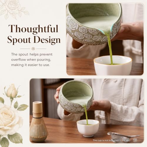 Matcha Whisk Set, 7-Pc Ceramic Matcha Bowl Kit, Bamboo Whisk,（Rose Green）