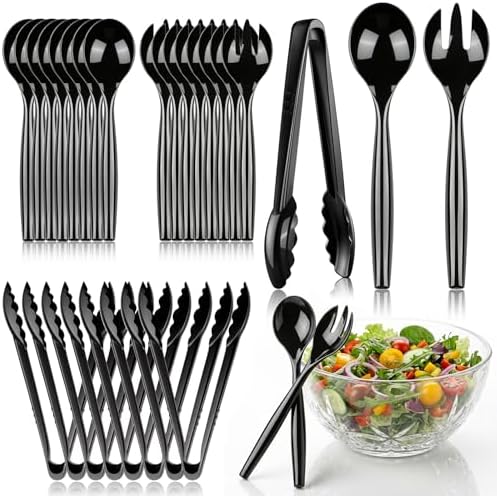 24 Pcs Disposable Black Plastic Serving Utensils,8 Set Including 9.72" Plastic Serving Spoons, Forks and 8.46" Tongs, for Dinner Parties, Buffets,Banquets, Events, Weddings, and Daily Use