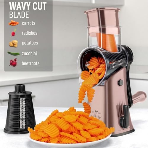 Rotary Cheese Grater Manual Hand Crank 5 Blade Shredder, Rose Gold & Black