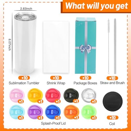 Joyclub Personalized Graduation Gifts 20oz Sublimation Tumblers Sublimation Cups with Straw for Heat Press Flat Edge Skinny Straight SublimationTumbler Colorfull Lids 10 pack