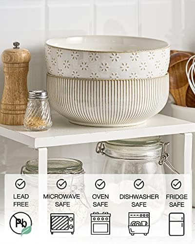 getstar Large Serving Bowls (8 inch & 60 fl oz), Ceramic Salad Bowl Set of 2, Microwave and Dishwasher Safe, Farmhouse Kitchen Decorative Bowls Set (Embossed Stripes & Stars)