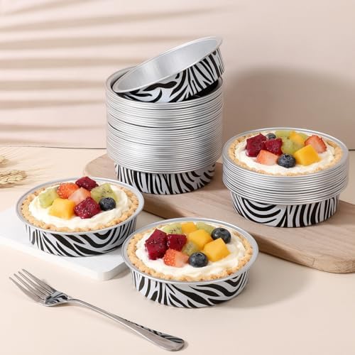 Beasea Disposable Baking Cups, 100 Pack 7.3oz 215ml Aluminum Foil Ramekins Only, 4" Mini Tart Pie Cups No Lids Baking Tin Ramekin for Party Cupcake Cheesecake Pie - Zebra Stripes