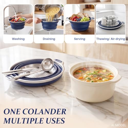 Collapsible Colander Set with Silicone Mat,2-in-1 Stainless Steel Colander for Kitchen, Foldable Metal Colander, Space-Saving for Pasta Veggies Fruit(NAVY BLUE)
